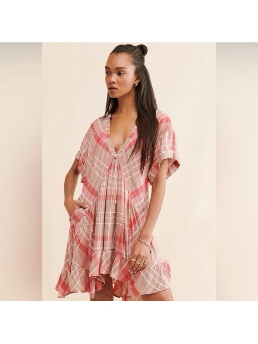 Free People Agnes Short Sleeve Ruffle V Neck Plaid Mini Dress Large L NEW